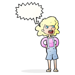 cartoon woman in dungarees with speech bubble