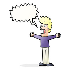 cartoon terrified man with speech bubble