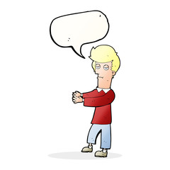 cartoon bored man showing the way with speech bubble