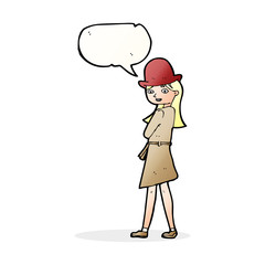 cartoon female spy with speech bubble