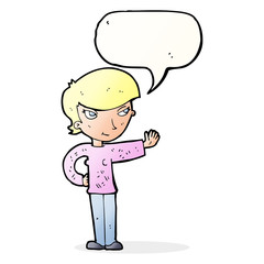 cartoon woman waving with speech bubble