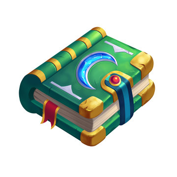 Creative Illustration and Innovative Art: Magic Book with Moon Stone. Realistic Fantastic Cartoon Style Artwork Scene, Wallpaper, Story Background, Card Design
