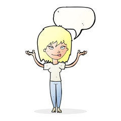cartoon woman shrugging with speech bubble