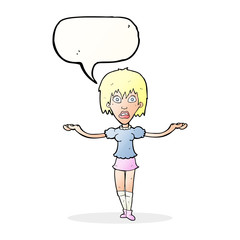 cartoon woman shrugging shoulders with speech bubble