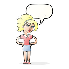 cartoon woman with hands on hips with speech bubble