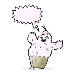 cartoon cupcake monster with speech bubble