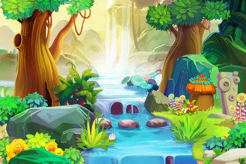Creative Illustration and Innovative Art: Going Upstream. Realistic Fantastic Cartoon Style Artwork Scene, Wallpaper, Story Background, Card Design