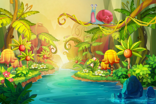 Creative Illustration and Innovative Art: Fairy River with Snail. Realistic Fantastic Cartoon Style Artwork Scene, Wallpaper, Story Background, Card Design