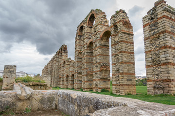 Perspective of aqueduct of the Miracles in Merida, Spain, UNESCO