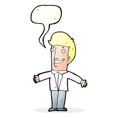 cartoon grining man with open arms with speech bubble