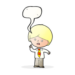 cartoon worried school boy raising hand with speech bubble
