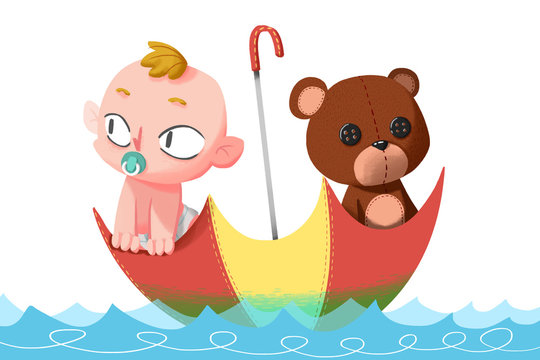 Creative Illustration and Innovative Art: Baby and Bear Toy in the Umbrella on the Water. Realistic Fantastic Cartoon Style Artwork Scene, Wallpaper, Story Background, Card Design
