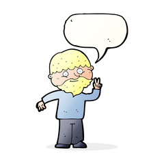 cartoon man giving peace sign with speech bubble