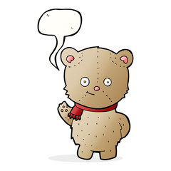 cartoon waving teddy bear with speech bubble