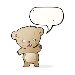 cartoon waving teddy bear with speech bubble