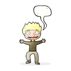 cartoon grinning boy with speech bubble
