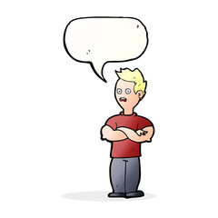 cartoon man with crossed arms with speech bubble