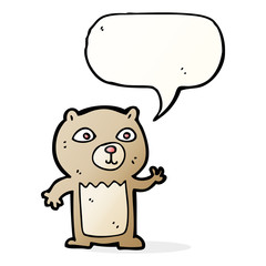 cartoon waving teddy bear with speech bubble