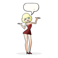 cartoon woman in cocktail dress with speech bubble