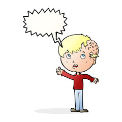 cartoon boy with growth on head with speech bubble