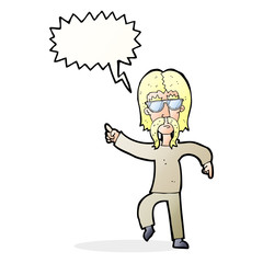 cartoon hippie man wearing glasses with speech bubble