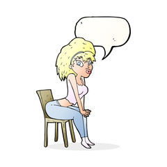cartoon woman posing on chair with speech bubble