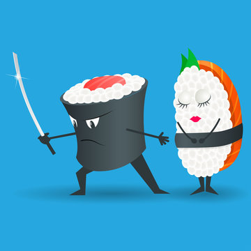 Samurai vector sushi cartoon character illustration. Japanese food.Sushi set. Logo sushi