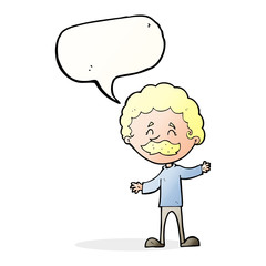 cartoon happy man with mustache with speech bubble