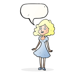 cartoon happy woman in dress with speech bubble