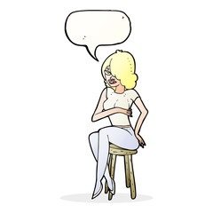 cartoon woman sitting on bar stool with speech bubble