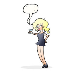 cartoon woman at party with speech bubble