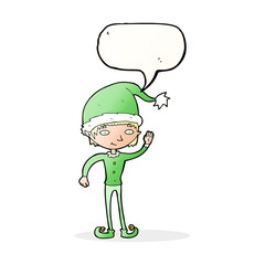 cartoon waving christmas elf with speech bubble