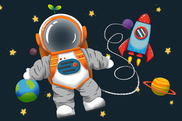 Creative Illustration and Innovative Art: Astronaut Boy and Rocket in the Space. Realistic Fantastic Cartoon Style Artwork Scene, Wallpaper, Story Background, Card Design
