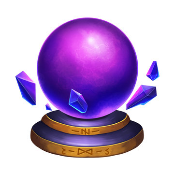 Creative Illustration and Innovative Art: Magical Crystal Ball isolated on white background. Realistic Fantastic Cartoon Style Artwork Scene, Wallpaper, Story Background, Card Design
