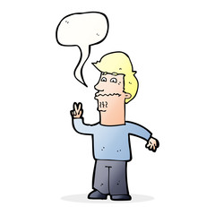 cartoon man giving peace sign with speech bubble