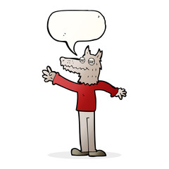 cartoon waving wolf with speech bubble