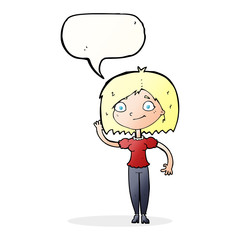 cartoon woman waving with speech bubble