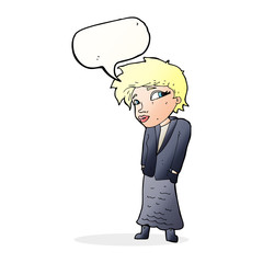 cartoon woman with hands in pockets with speech bubble