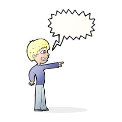 cartoon grinning boy pointing with speech bubble