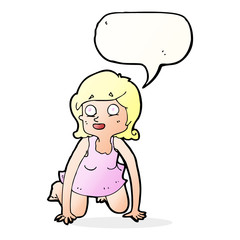 cartoon woman on all fours with speech bubble