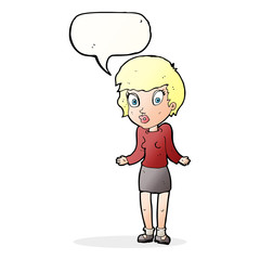cartoon woman shrugging shoulders with speech bubble