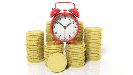 Stacks of blank golden coins and alarm clock, isolated on white background.