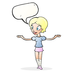 cartoon woman with arms spread wide with speech bubble