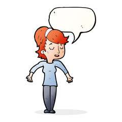 cartoon friendly woman shrugging shoulders with speech bubble