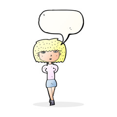 cartoon shy woman with speech bubble
