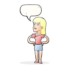 cartoon woman with hands on hips with speech bubble
