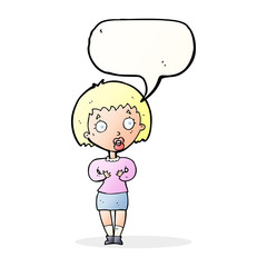 cartoon woman making Who Me? gesture with speech bubble