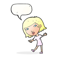 cartoon happy girl gesturing to follow with speech bubble