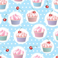 Colorful vector seamless pattern with cupcakes and cherry in polka dot background. Colorful vector seamless pattern in retro style.