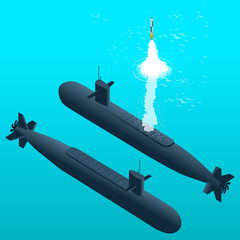 Nuclear submarine traveling underwater.Nuclear-powered submarines. Flat 3d isometric vector illustration for infographic.  © Golden Sikorka